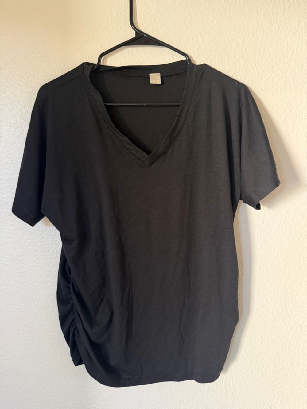 Cheibear Sz Small Black V-Neck Top with Side Ruching - Ruched